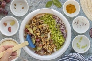 Shredded chicken, quartered grapes, diced celery, red onion, and chopped walnuts in a mixing bowl, with a spatula to mix it.