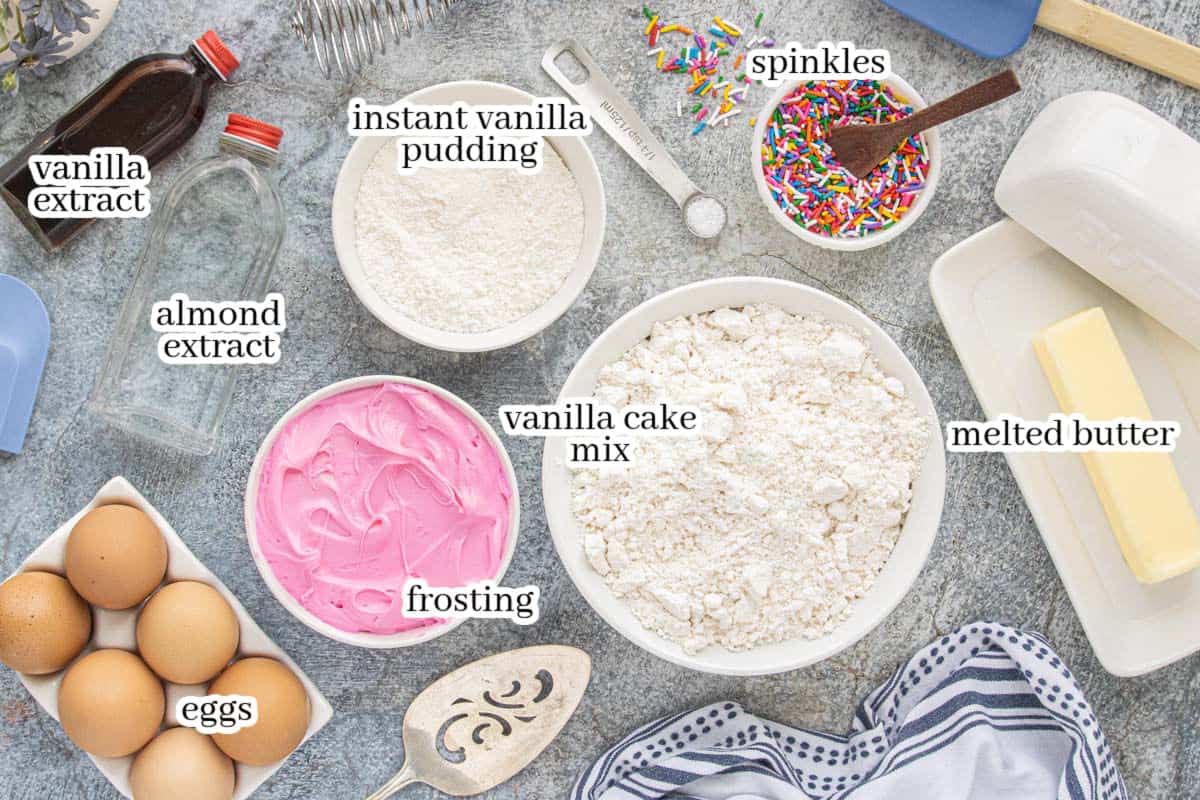 Ingredients to make the easy sugar cookie bar recipe. With print overlay for clarification.
