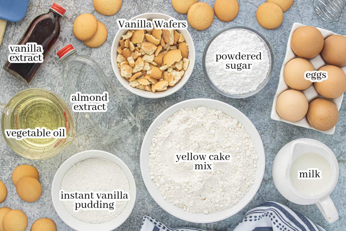 All of the ingredients to make the bundt cake, with print overlay for clarification.