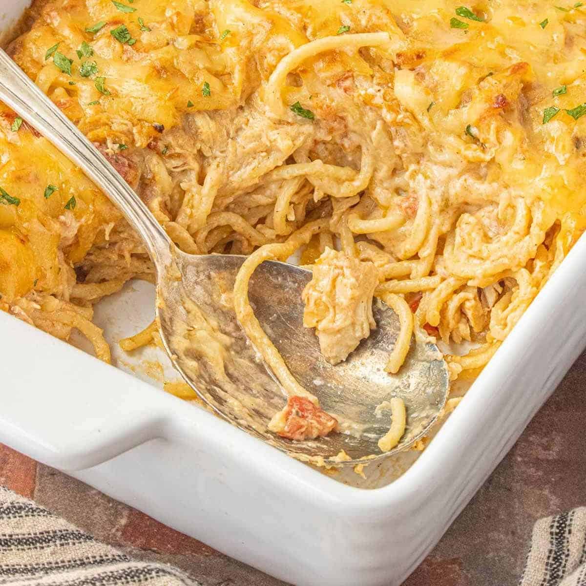 BBQ chicken spaghetti casserole with shredded chicken, spaghetti, melted cheese, and a creamy barbecue sauce.