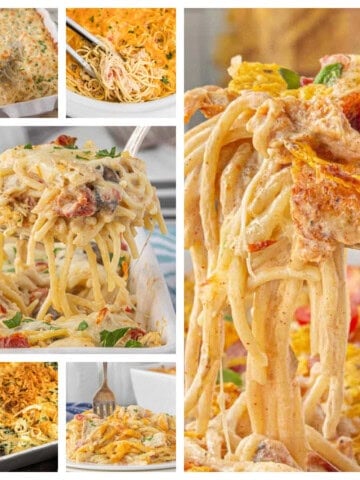 Chicken spaghetti recipe collage featuring six creamy, cheesy chicken pasta casseroles.