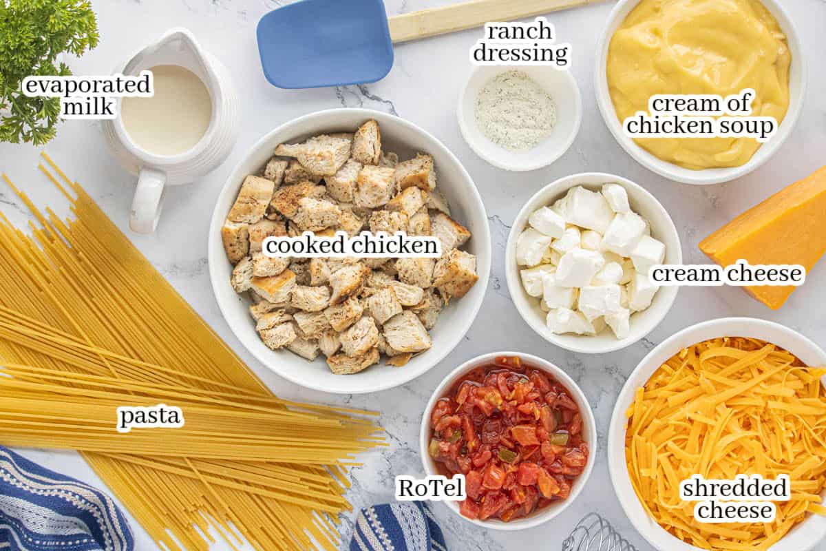 All of the ingredients to make chicken spaghetti casserole laid out on a white counter. Includes spaghetti, cooked chicken, Rotel, shredded cheddar cheese, cream cheese, ranch dressing, cream of chicken soup and evaporated milk. With print overlay for clarification.