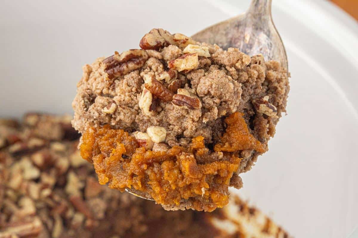 Spoonful of Crockpot Pumpkin Dump Cake with spiced pumpkin filling, crumbly cake topping and chopped pecans.