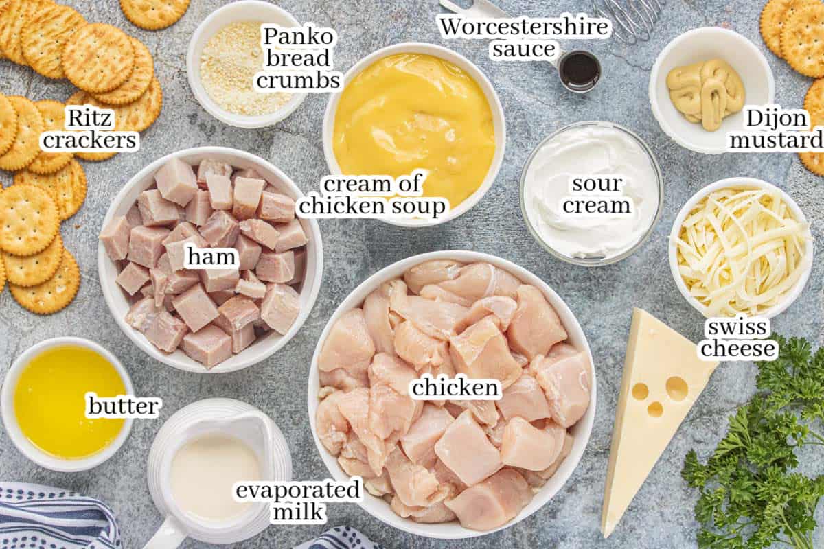 Ingredients for crockpot chicken cordon blue, including chicken, ham, Swiss cheese, cream of chicken soup, sour cream, evaporated milk, Dijon mustard, Worcestershire sauce, and Ritz crackers.