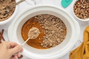 Sprinkling the prepared cake mix topping over pumpkin filling in a slow cooker.