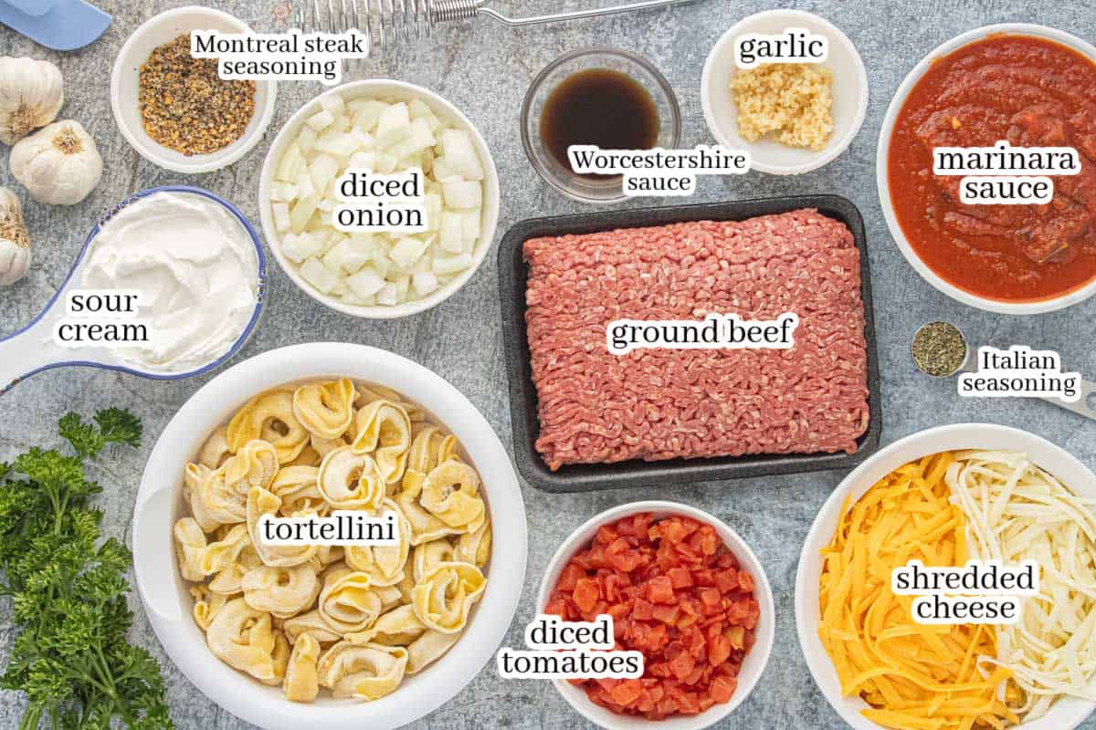 Ground Beef Tortellini Casserole ingredients including frozen tortellini, ground beef, marinara sauce, tomatoes, sour cream, cheese, onion, garlic, and seasonings.