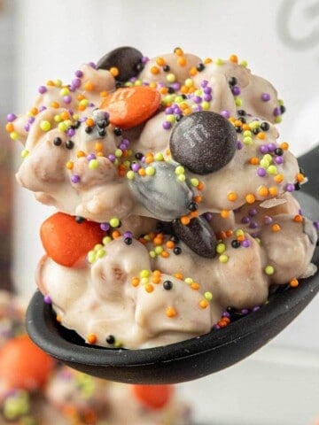 Close-up of crockpot candy peanuts with orange and black M&M's and colorful sprinkles served on a black spoon.