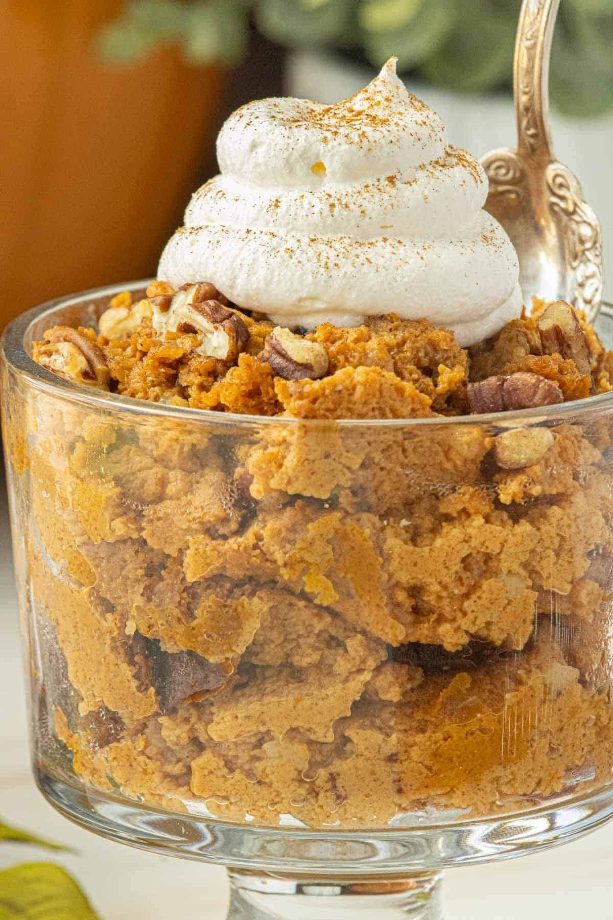 Glass dessert cup filled with pumpkin pudding, topped with a swirl of whipped cream and a dusting of cinnamon.