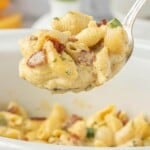 Spoonful of creamy Bacon Jalapeño Mac and Cheese showing tender pasta shells coated in cheese sauce with pieces of smoky bacon and jalapeños.