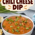 Pinterest graphic featuring a bowl of creamy chili cheese dip topped with green onions and surrounded by tortilla chips, with bold text reading “Crockpot Chili Cheese Dip.”