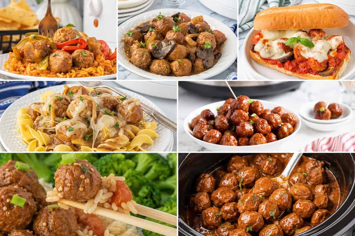 Seven meatball dishes served with rice, pasta, melted cheese, vegetables, and savory sauces, including meatballs cooking in a slow cooker.
