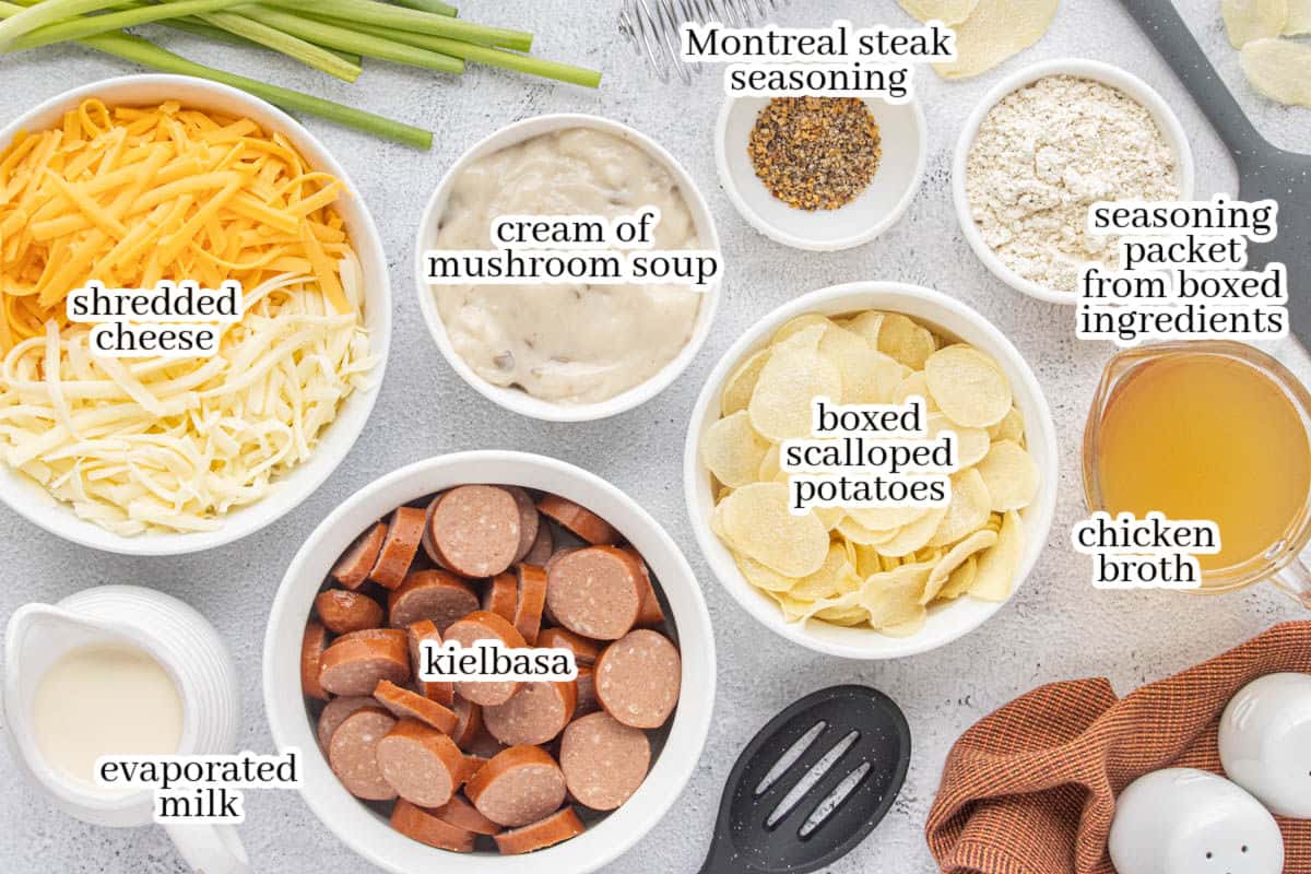 Overhead view of labeled ingredients for a cheesy kielbasa and potato casserole, including sliced sausage, boxed scalloped potatoes, shredded cheese, cream of mushroom soup, evaporated milk, chicken broth, and seasonings.
