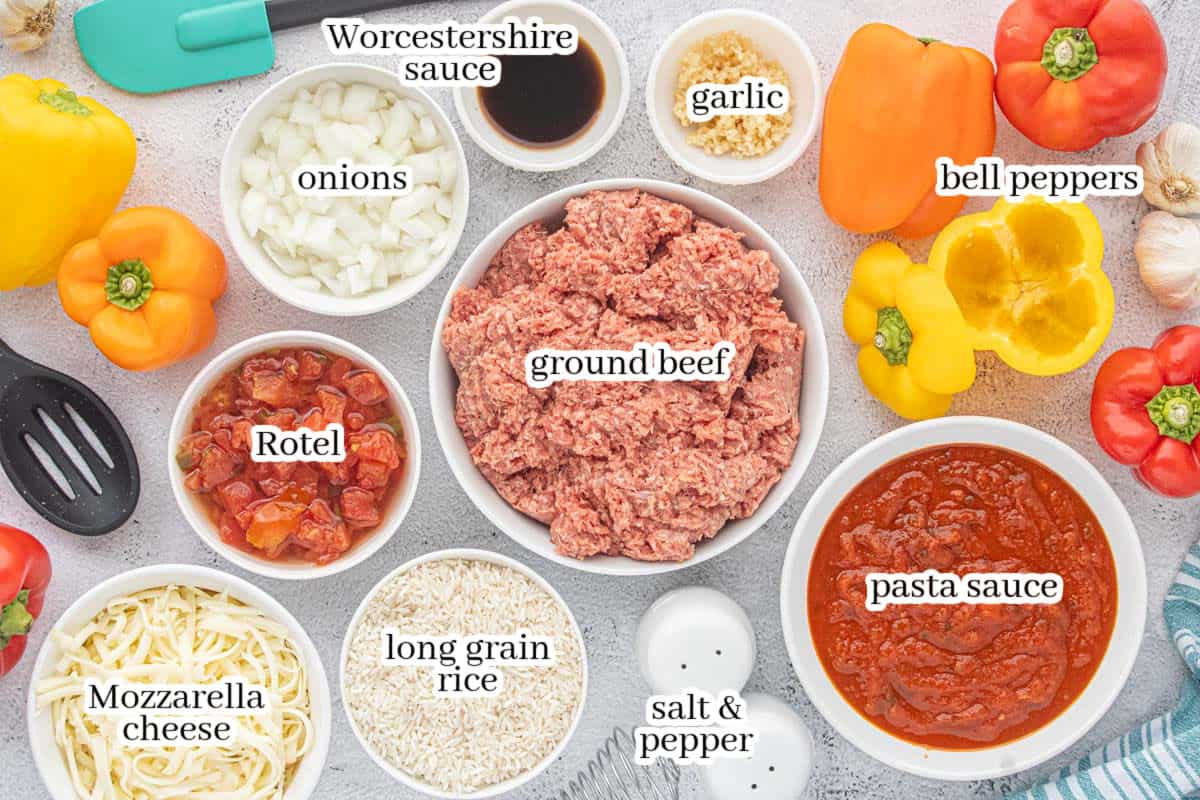 Overhead view of labeled ingredients for Crockpot Stuffed Bell Peppers, including ground beef, colorful bell peppers, long-grain rice, Rotel tomatoes, pasta sauce, mozzarella cheese, onion, garlic, Worcestershire sauce, salt, and pepper.