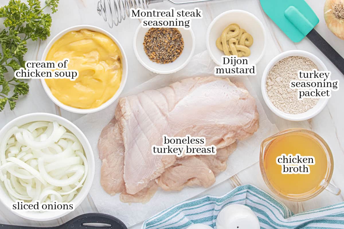 Overhead view of ingredients for slow cooker turkey and gravy, including boneless turkey breast, sliced onions, cream of chicken soup, turkey gravy mix, Dijon mustard, Montreal steak seasoning, and chicken broth.