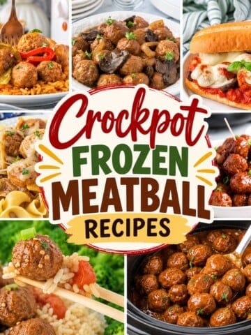 Seven slow cooker meatball dishes arranged around a colorful Crockpot Frozen Meatball Recipes title.